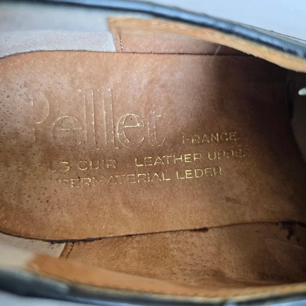 VTG 70s Pellet France Men Shoes 9.5 Brown Leather Lace Up Block Cuban Heel Disco